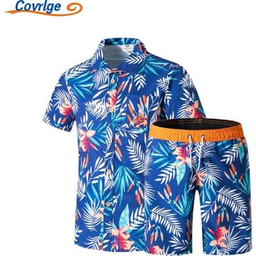 Covrlge Mens Sets Beach Wind Leaves on All Sides Printed Short-sleeved Surfing Casual Loose Comfortable Clothing MSX033
