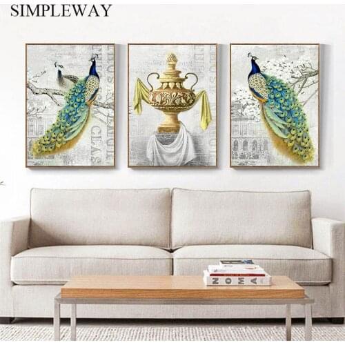 Vintage Style Peacock Vase Canvas Poster Nordic Wall Art Print Abstract Painting Modern Home Living Room Decoration Picture