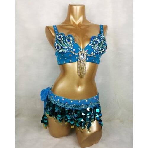 Samba Belly Dance Costume FREE SHIPPING Hand Beaded Turquoise & Red Color Top Bra and Hip Scarf Belt 2PCS/SET