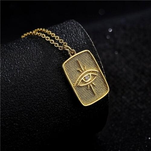 New Arrival Gold Color Copper Necklace Fashion Rectangle Shape Carve CZ Eye Pendant Necklace For Women Girl Party Jewelry