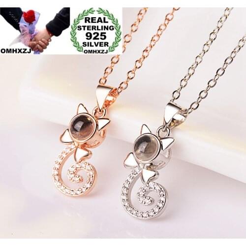 OMHXZJ Wholesale European Fashion Woman Girl Party Gift Cat Projecting LOVE Zircon S925 Sterling Silver Pendant Necklace NA84
