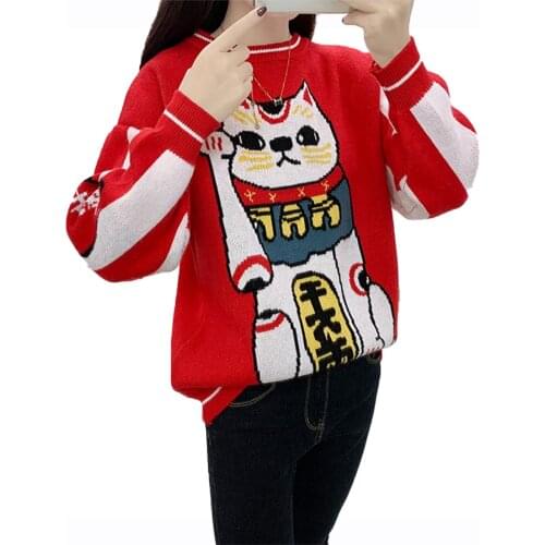 Autumn Winter Long Sleeve Loose Kniited Sweater Chic Good Luck Cat Cartoon Pullover Sweater New Fashion Sweet Cute Women Sweater