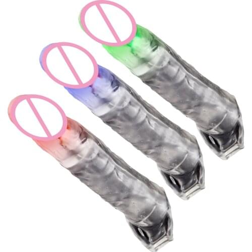 Transparent Condoms Penis Sleeve Glowing Reusable Dildo Cock Enlargement Penis Extender Sex Toys for Men Extend 75mm