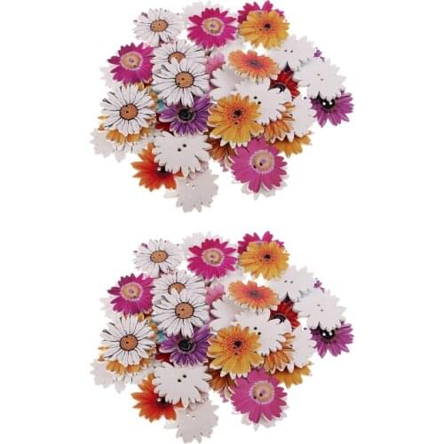 100 Piece Assorted Daisy Flower Wooden Flatback 2-holes Buttons for Kids Crafts DIY Sewing Scrapbooking 25mm
