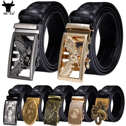 Hi-Tie 33 Pattern Animals Automatic Buckle Mens Belts Men Belt Black Leather Ratchet Waist Straps for Dress Jeans Formal Casual