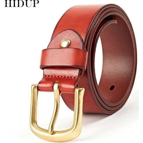 HIDUP Mens Simple Design Brass Pin Buckle Metal Cow Skin Belts Jean Accessories Top Quality Genuine Leather Belt for Men NWJ761