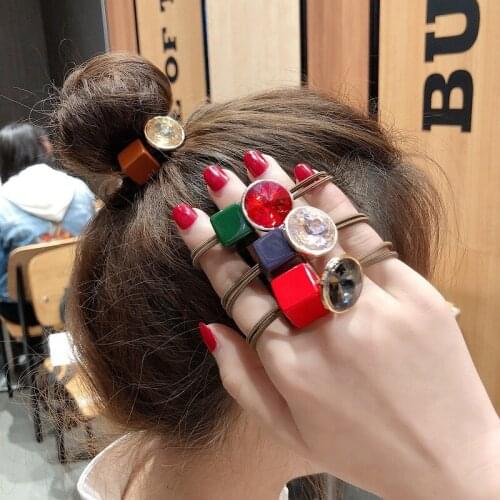 New Fashion Crystal Square Hollow Elastic Hair Bands Pink Green Elastic Band Geometric for Women Rubber Hair Accessories Gift