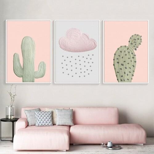 Pink Cloud Cactus Feather Nursery Poster Nordic Wall Canvas Prints Painting Rabbit Picture Children Room Decoration Home