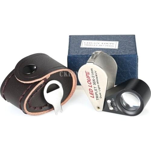 DHL 50Set 30X Handheld LED Jeweler Loupe 21mm 6 Jeweler Loupe Magnifier Triplet Magnifying Glass UV Counterfeit Detector