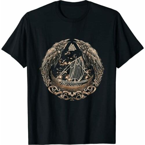 Norse Mythology Odins Raven Huginn and Muninn Viking Ship T-Shirt. Summer Cotton Short Sleeve O-Neck Mens T Shirt New S-3XL