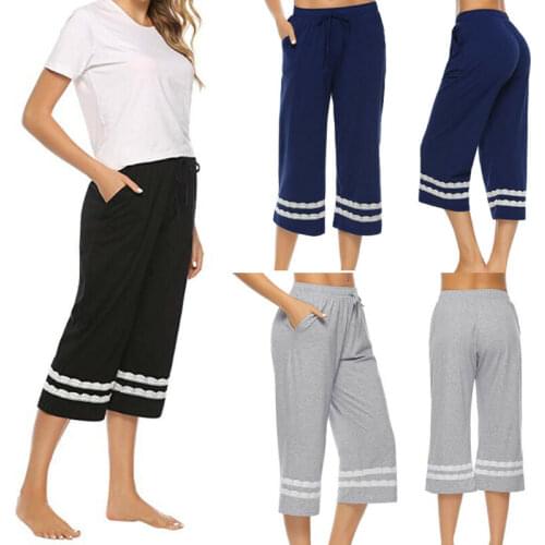 Womens Sleepwear Cotton Drawstring High Waist Pants Lady Loose Comfortable Cropped Lounge Sleep Bottoms Plus Size