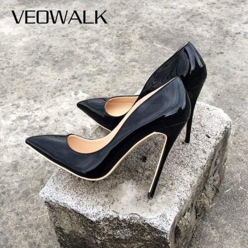 Veowalk Woman High Heel Pumps Office Black Shoes Pointed Toe Patent Leather Stilettos Party Shoes Customized AcceptFor Women