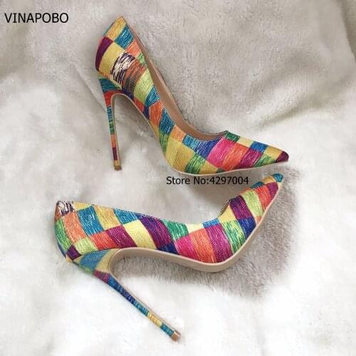 VINAPOBO Stiletto High Heels Women Pumps Colorful Plaid Striped Pointed Toe Shallow Footwear Autumn Party Ladies Shoes SIZE 43