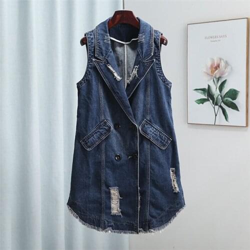 2020 Long Section Sleeveless Denim Jeans Vest Coat Double Breasted Tassel Broken Hole Jackets
