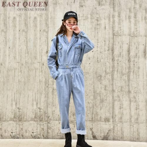 Autumn Denim Women Dungarees Long Sleeve Loose Overalls Pocket High Elastic Waist Vintage Jean Jumpsuit For Ladies AA4879