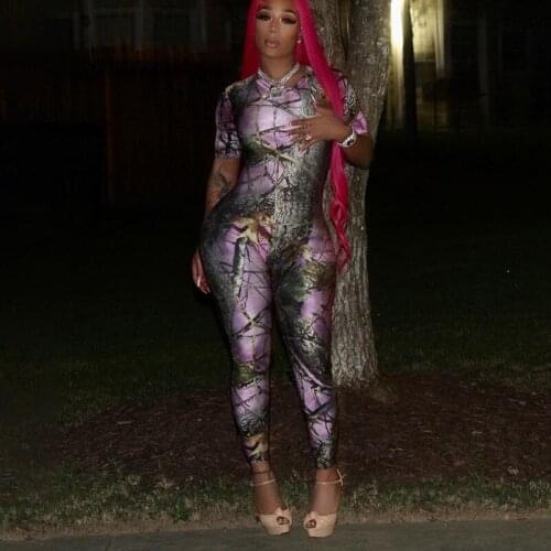 2021 Short Sleeve Vintage Print Zipper Skinny Bodycon Jumpsuit Autumn Winter Women Fashion Streetwear Casual Night Club Rompers