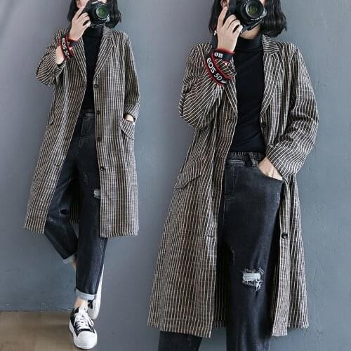 2020 New Spring Autumn Cotton Linen Casual Trench Coat Women Vintage Striped Single Breasted Loose Long Windbreaker Female