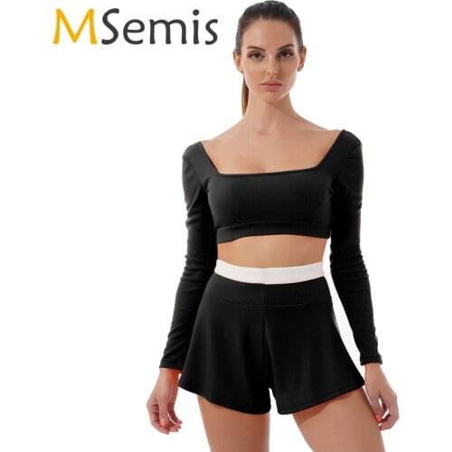 Women Two-piece Sport Outfits Ballet Dance Suit Sweater Crop Tops with Shorts Autumn Winter Warm Adult Dance Costumes for Ballet