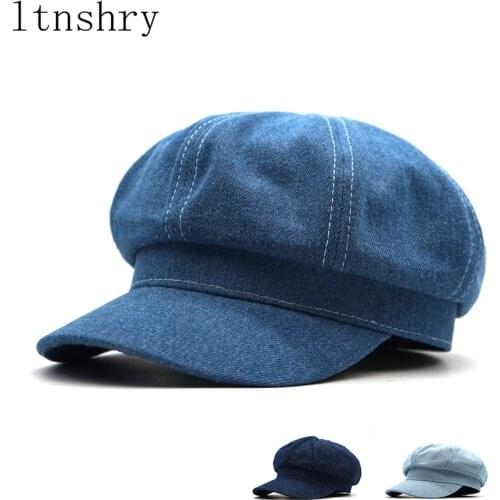 New Women Leisure Octagonal Hat Ladies Denim Beret Hat Cowboy Cap Newsboy Gatsby Cap Octagonal Baker Peaked Beret Driving Hat