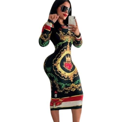 Poker Print Sexy Bodycon Midi Dress Women O-neck Long Sleeve Knee-length Sheath Casual Nightclub Bandage Party Dresses Vestidos