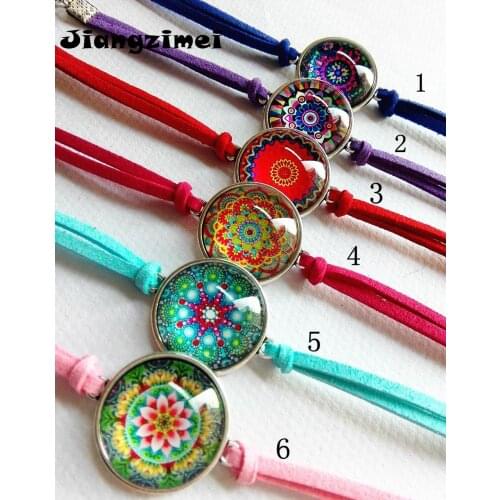Jiangzimei 24pcs/lot Mandala Flower Buddhism Zen Picture Glass Cabochon Charm Leather Bracelets Bangle for women girl gift