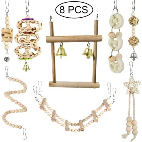 8Pcs/Set Pet Bird Parrot Swing Toy Chewing Hanging Perch with Bells Cage Stand Finch Toys for Love Birds bird supplies C42