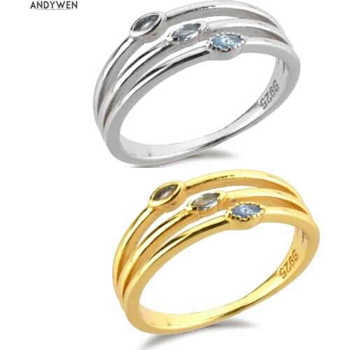 ANDYWEN 925 Sterling Silver Gold Blue Ovals Zircon CZ Three Line Rins Women Fashion Fine Jewelry Gift Party Wedding Gift