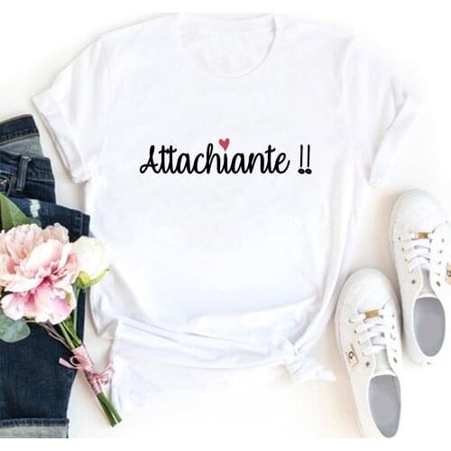 Attachiante!! Letter Womens T Shirt Tops Cotton Summer Short Sleeves Tee Shirt Femme Simple Funny White T Shirts for Women