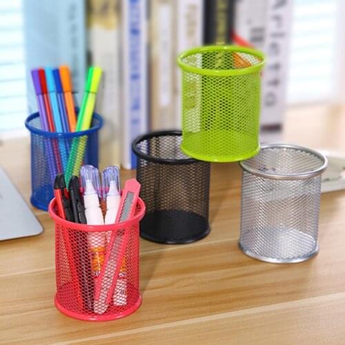 Round/Square Iron Mesh Pen Holder Office Desktop Pencil Stationery Box Case