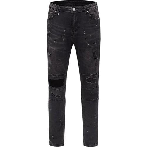 Kanye High Street Splash Ink Wash Hole Jean Pants Mens Personality Washed Slim Frayed Denim Trousers Hip Hop Ripped Jeans Men