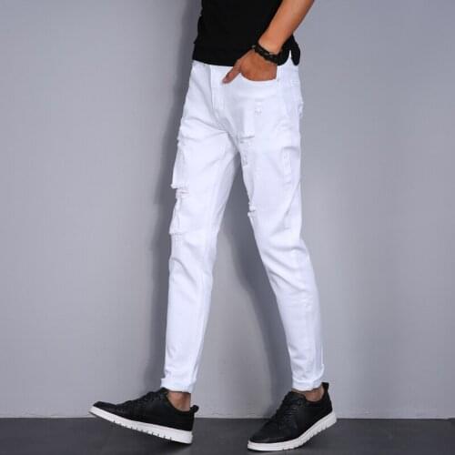 Men Fashion Knee Hole Distressed White Solid Color Motorcycle Biker Joggers Denim Pants New Ripped Skinny Jeans Slim Hip Hop