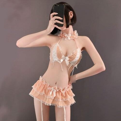 Women Maid Lace Outfit Erotic Lingerie set Sexy Plaid Intimates Bra G-string Set School Girl Sailor Suits Underwear Nightwear