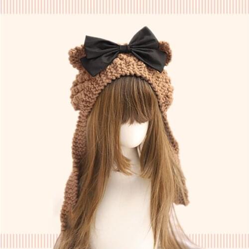Sweet and cute warm Lolita woolen hat, shopping ear protection youth wild hand-made bow bear ear earmuffs
