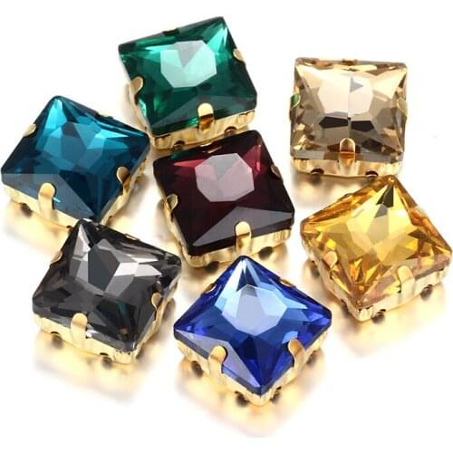 Fancy Rhinestone Square Glass Crystal Strass High Quality Sew on Rhinestones With Golden Flatback Claws Sew On Clothing Crafts