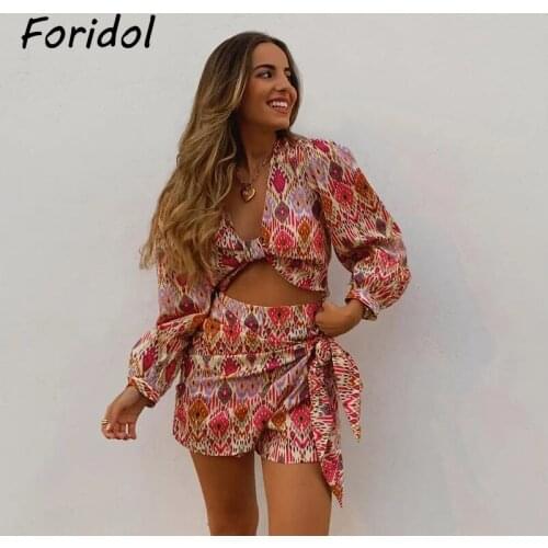 Foridol Argyle Print Boho Autumn Bowknot Crop Top Shorts Set Womens Suit Two Pieces Skorts Set Ruched Beach Matching Set