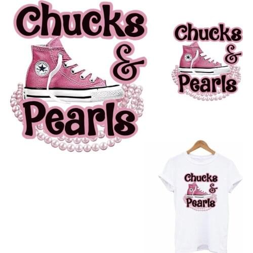 Chucks & Pearls Shoes Thermal Transfer Sticker On Clothes DIY Women T-Shirt Hoodies Iron On Patches For Clothing Shoes Applique