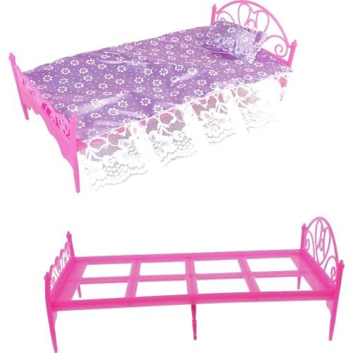 Pink Color Pretend Play Toy For Doll Plastic Bed Bedroom Furniture For Dolls Dollhouse Furniture Toy For Kids Christmas Gift