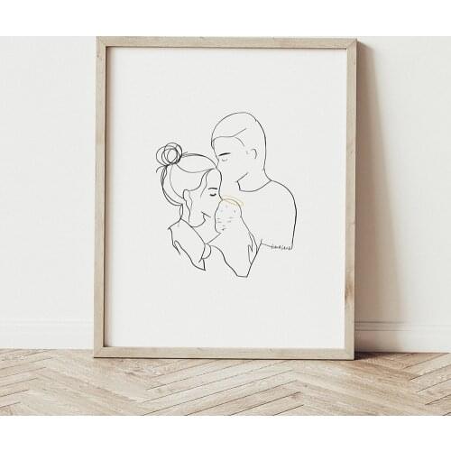 Family Portrait Mom Dad Baby Art Line Drawing Posters Abstract Minimalist Wall Canvas Print Painting Nursery Decorative Pictures