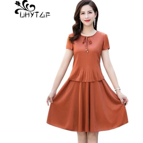 UHYTGF Fashion Mom Summer Dress Short-Sleeved O Neck Pullover Casual Thin Womens Dresses Fake Two Loose 5XL Plus Size Dress 1598