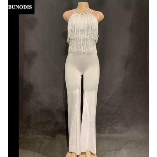 ZD462 Women Sexy Silver Tassel Jumpsuit Material Spandex Sparkling Crystals Nightclub Party Stage Wear Dancer Singer Bling