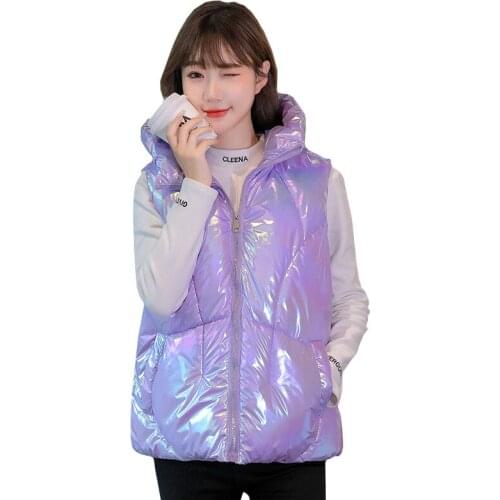 Women Autumn Winter Short Sleeveless Hooded Glossy Bubble Vest Coat Warm Outwear Puffer Jacket Cotton Padded Parkas