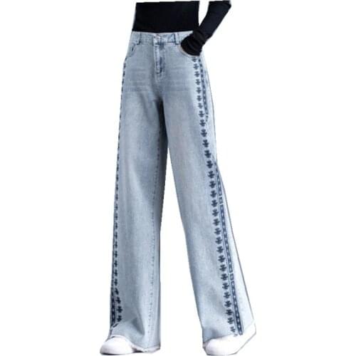 Wide Pants Leg Jeans Women 2021 Spring Embroidered Denim Jeans High Waist Puls Sze Trousers Straight Pants Female Big Yards