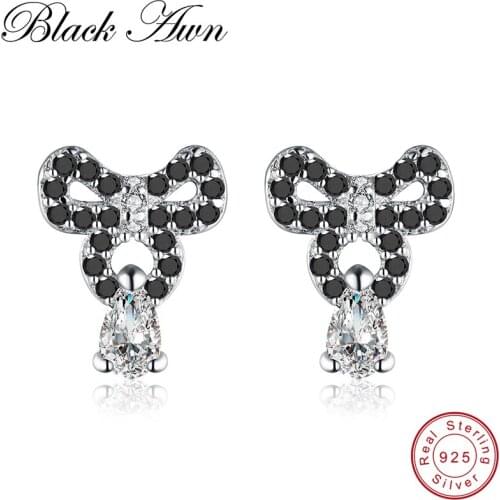 [BLACK AWN] Genuine 925 Sterling Silver Jewelry Bow-knot Black Spinel Stone Stud Earrings for Women T113