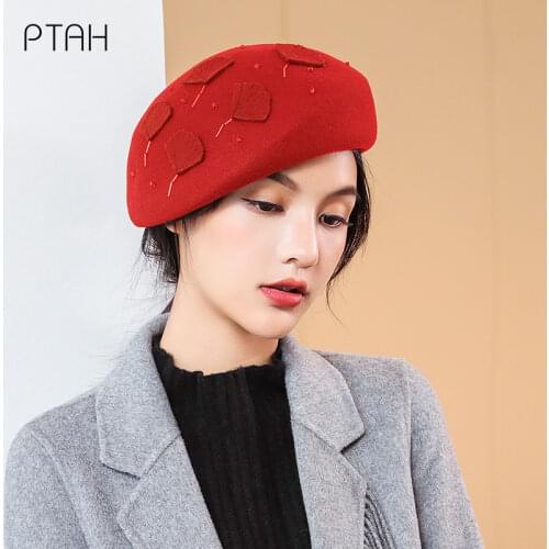 [PTAH] Women Berets Temperament French Autumn Winter Beanie Hats Vintage Plain Beret Hats Soild Color Elegant Lady Cap 100% Wool