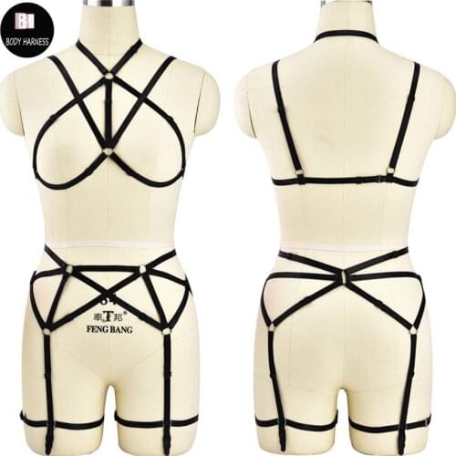 Women Sexy Elastic Body Harness Lingerie Set Body Cage Bondage Harness Belt Goth Fetish Festival Rave Garter Belt Bondage Dress
