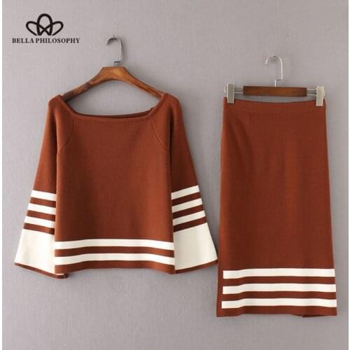 Bella Philosophy Autumn Winter Sweater Women Knitting Long Sleeve Striped Pullover Female Casual Striped Winered Mini Dress