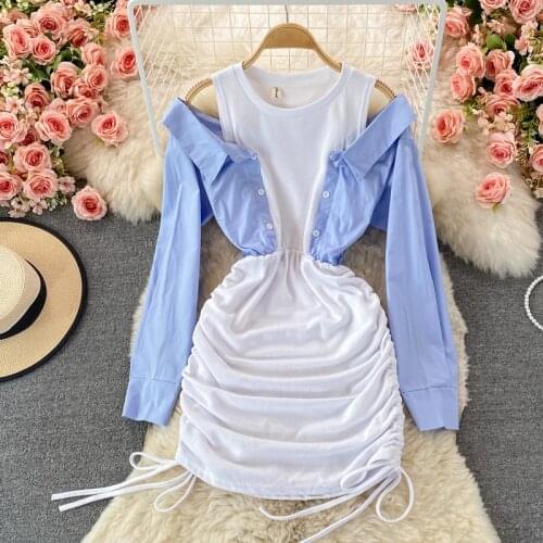 Off Shoulder Shirt Patchwork Bodycon Mini Dress Women Fashion Streetwear O-neck Long Sleeve Slim Drawstring Ruched Party Dresses