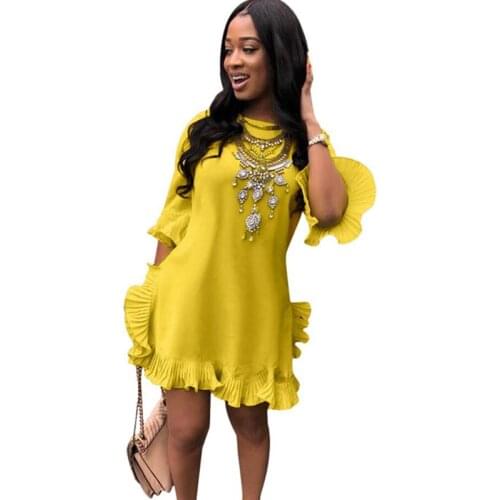 Plus Size A-line Solid Casual Mini Dress Women O-neck Petal Sleeve Ruffles Hem Beach Summer Dresses Sundress Vestidos De Fiesta