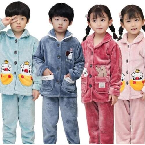 2020 Winter Children Fleece Pajamas Girls Loungewear Coral Fleece Kids Pyjamas Boy Long Top+ Pant Thicken Warm Flannel Sleepwear
