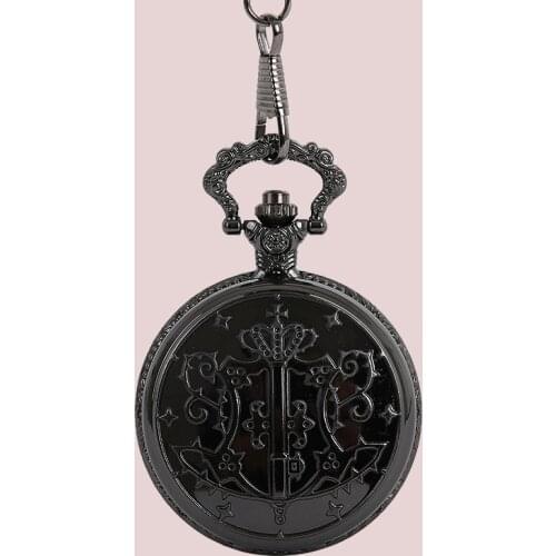0 Antique Classic Pocket Watch Black Butler Wand Pattern Embossed Case Chain Pendant Clock Tungsten Kids Gift Watches